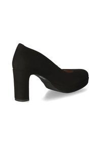 Scarpa nera con tacco alto, punta arrotondata e tacco grosso. Realizzata in materiale satinato con una finitura leggermente lucida. Design slip-on senza abbellimenti visibili.