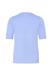 Effen lichtblauw T-shirt met korte mouwen en een ronde hals, van achteren getoond tegen een witte achtergrond.