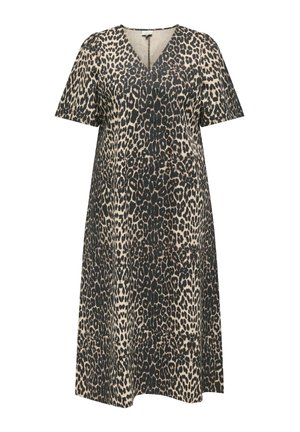 Jurk met korte mouwen en V-hals, met een all-over beige en zwarte luipaardprint, knielengte met een losse pasvorm.