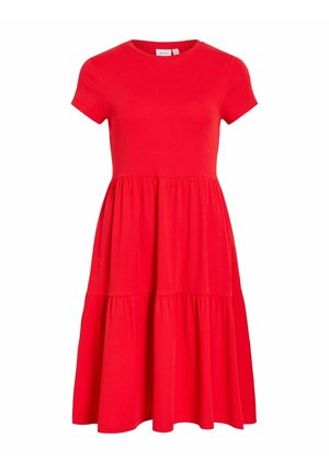 Abito midi rosso a maniche corte con scollo tondo e gonna a balze arricciate, realizzato in tessuto leggero a coste.