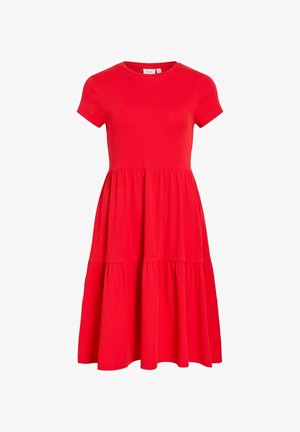 Abito midi rosso a maniche corte con scollo tondo e gonna a balze arricciate, realizzato in tessuto leggero a coste.