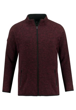 Giacca zip-up bordo con un tessuto a trama, maniche raglan, due tasche laterali con cerniere e un colletto alto. Dettagli neri lungo i bordi.