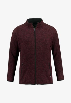 Bordeauxfarvet zip-up jakke med tekstureret stof, raglanærmer, to sidelommer med lynlåse og høj krave. Sorte detaljer langs kanterne.