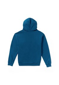 Sudadera con capucha azul y mangas largas, hecha de tejido suave, con un bolsillo tipo canguro y puños y dobladillo de canalé. Vista trasera únicamente.