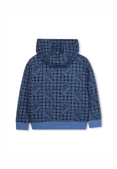 Sweatshirt à capuche bleu avec un motif à carreaux, orné de motifs animaliers noirs, avec des poignets et un ourlet côtelés, et un tissu texturé.