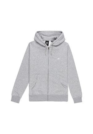 Gray zip-up hoodie with a drawstring hood, front pockets, and ribbed cuffs. Soft fabric with minimal branding on the chest.