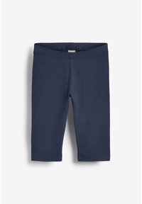 Marinblå leggings gjorda av mjukt, stretchigt tyg; knälånga med resårmidja och utan synliga sömmar eller mönster.
