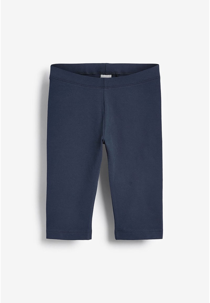 Marinblå leggings gjorda av mjukt, stretchigt tyg; knälånga med resårmidja och utan synliga sömmar eller mönster.