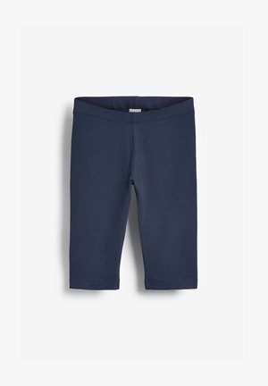 Marineblaue knielange Leggings mit elastischem Bund, schlichtes Design, flach auf hellem Hintergrund dargestellt.