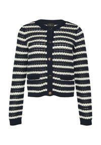 Cardigan a righe blu navy e crema con scollatura tonda, maniche lunghe, chiusura con bottoni e due tasche frontali. Motivo a maglia texturizzato.