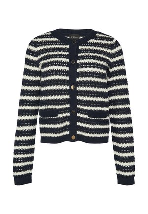 Marineblauwe en crèmekleurige gestreepte cardigan met een ronde halslijn, lange mouwen, knoopsluiting en twee voorzakken. Structuur breipatroon.