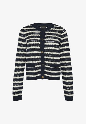 Gestreifter Cardigan in Marineblau und Creme mit rundem Halsausschnitt, langen Ärmeln, Knopfverschluss und zwei Vordertaschen. Strukturiertes Strickmuster.
