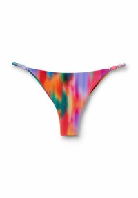 Färgglad bikiniunderdel med ett tie-dye-mönster i nyanser av rosa, orange, grön och blå, tillverkad av mjukt, elastiskt material.