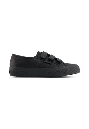 Sneakers neri in tela con superficie testurizzata, dotati di tre cinturini con chiusura a strappo e una suola in gomma spessa con fondo decorato.
