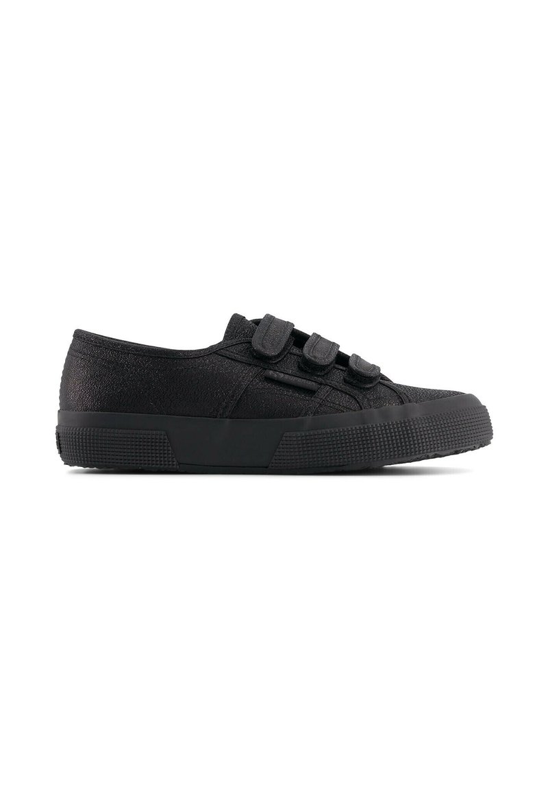 Sneakers neri in tela con superficie testurizzata, dotati di tre cinturini con chiusura a strappo e una suola in gomma spessa con fondo decorato.