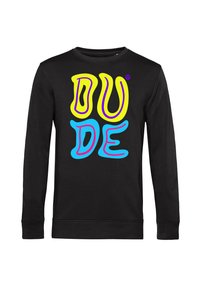 Sudadera negra de manga larga con el texto "DUDE" en colores amarillos, azules, rosas y morados, impreso de forma ondulada en la parte delantera.