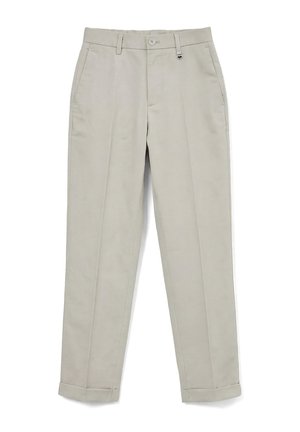 Hellbeige, maßgeschneiderte Hose mit Frontfalten, Seitentaschen, Gürtelschlaufen, Knopfverschluss und gekrempelten Säumen.