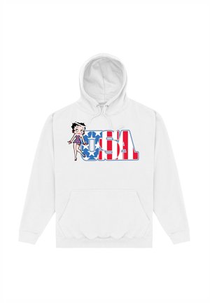 Hvid hættetrøje med grafik af en karakter og "USA" i røde og blå farver. Indeholder en frontlomme og snører.