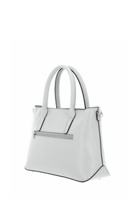Light gray tote bag made of textured material, features dual handles, zippered pocket, and contrasting black trim along the edges.