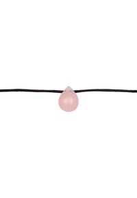 Pink glass drop pendant on a black cord. The pendant is teardrop-shaped with a smooth surface. Simple, minimalist design.