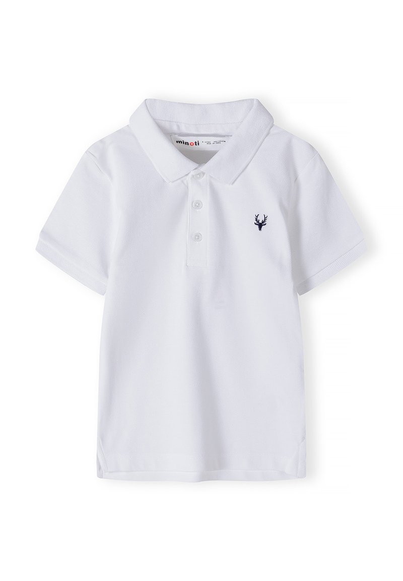 Biely polo tričko vyrobené zo štruktúrovanej látky, s golierom, trojbuttonovou légou a malým námorníckym jeleňom na ľavej hrudi.
