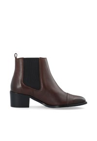 Pruunist nahast pahkluu saapad elastsete külgpaneelidega, ümmargune varvas ja madal plokkkonts. Sile viimistlus ja minimalistik disain.