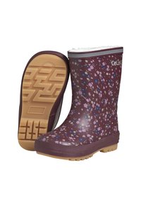 Bottes étanches violettes avec un motif floral, semelle à grip texturé et doublure en fourrure en haut. Extérieur en caoutchouc et bords en tissu renforcés.