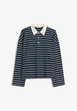 Long-sleeve polo shirt with a navy and white striped pattern, featuring a cream-colored collar and three-button placket. Cotton material.