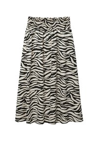 Jupe en imprimé zèbre noir et blanc, avec une taille smockée et un tissu fluide. Le design présente des rayures ondulées et contrastées.