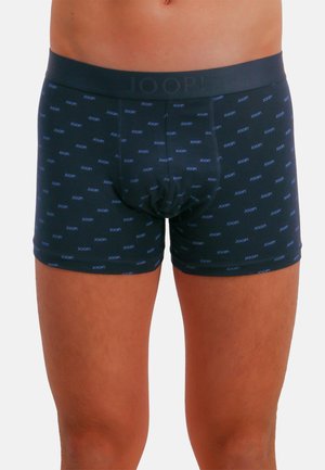 Navy boxer briefs made of stretchy fabric, featuring a repeating "JOOP!" logo pattern, elastic waistband, and fitted silhouette.