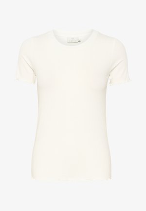 Csíkos fehér póló rövid, hullámos ujjakkal és kerek nyakkivágással. Simább textúrájú, testhezálló fazon. A címke "KAFFE" felirattal, közepes méret.