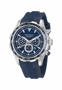 Orologio cronografo Nautica con cassa in acciaio inossidabile e cinturino in gomma blu. Il quadrante strutturato blu presenta tre sottodial e un tachimetro.