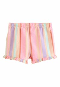 Shorts rayés pastel avec taille élastique et ourlets volantés dans des tons de rose, violet, bleu et pêche.