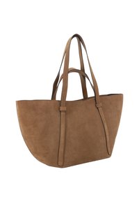 Braune Wildleder-Totetasche mit zwei langen Griffen und stabilen Riemen, die eine breite, leicht kurvenförmige rechteckige Form aufweist.