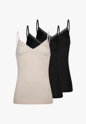 Trzy damskie koszulki na ramiączkach z koronkową lamówką, dwie czarne i jedna beżowa, z cienkimi regulowanymi ramiączkami na ramiona.