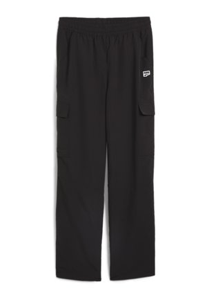 Pantalones cargo negros hechos de tejido ligero, con una cinturilla elástica, dos bolsillos laterales y un parche con el logo en el muslo izquierdo.