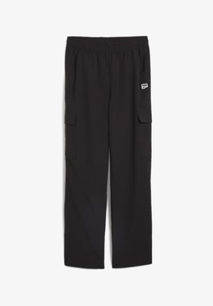 Sorte cargo-bukser lavet af letvægtsstof, med elastisk talje, to sidelommer og et logo-patch på venstre lår.
