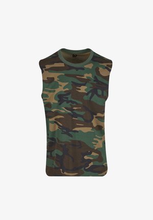 Ärmelloses Camo-Top aus weichem Material, mit grünem, braunem und schwarzem Camouflage-Muster; runder Ausschnitt und bequeme Passform.