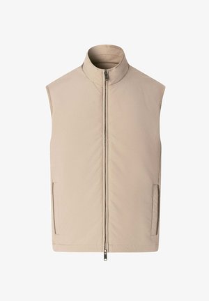 Beżowa kamizelka bez rękawów z wysokim kołnierzem i przednim zamkiem błyskawicznym, z dwoma bocznymi kieszeniami, na białym tle.