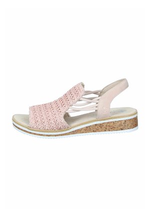 Helle rosa Sandale mit geflochtenem Obermaterial, Korkzwischensohle und Gummisohle. Verfügt über ein Slingback-Design und elastische Riemen für Unterstützung.