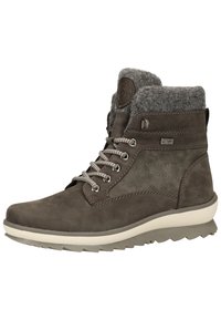 Graue Wildleder-Stiefeletten mit einem weichen Filzkragen, Schnürdesign, Gummisohle und Logodetails. Verfügt über synthetische Akzente für Langlebigkeit.