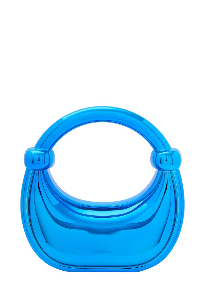 Fényes műanyagból készült kék kézitáska, lekerekített, struktúrált formával, sima felülettel és két gömbölyű díszítéssel a fogantyún.