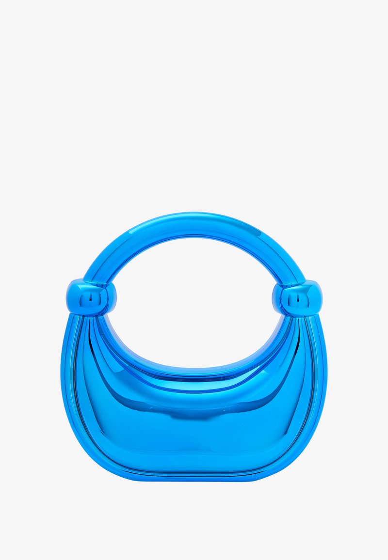 Fényes műanyagból készült kék kézitáska, lekerekített, struktúrált formával, sima felülettel és két gömbölyű díszítéssel a fogantyún.
