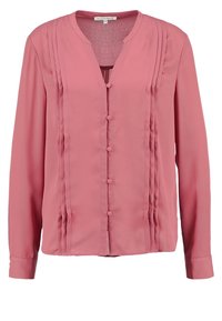Pink long-sleeve blouse with round neckline, vertical pleats on front sides, and fabric-covered buttons down the center.