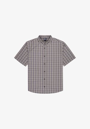 Korte mouwen overhemd met knopen, in een zandkleurig en marineblauw ruitpatroon, met een klassieke kraag en vijf zwarte knopen langs de voorzijde.