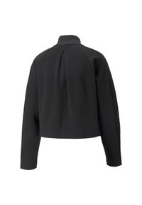 Schwarze, kurze Jacke mit langen Ärmeln, geripptem Kragen und Faltendetail im Rücken. Hergestellt aus glattem, dehnbarem Stoff, geeignet für verschiedene Outfits.