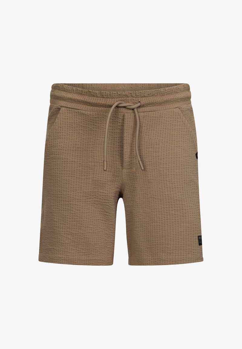Brązowe dziane szorty z elastycznym pasem, sznurkiem i bocznymi kieszeniami. Teksturowana powierzchnia z metką z logo na lewym udzie.