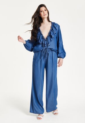 RUFFLED V-NECK LONG SLEEVE - Jumpsuit - blue