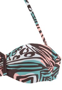 Bikini-top met een bandeau ontwerp. Heeft een kleurrijk abstract patroon in teal, roze en bruin. Zacht materiaal met verstelbare bandjes.