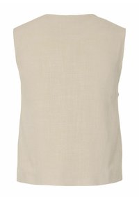 Gilet beige sans manches avec une texture tissée subtile, présentant un dos droit et un col légèrement arrondi.